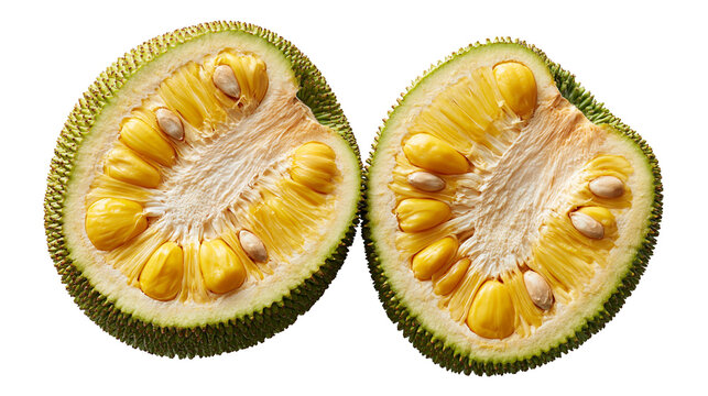 Two halves of a ripe fresh jackfruit showing yellow bulbs and seeds