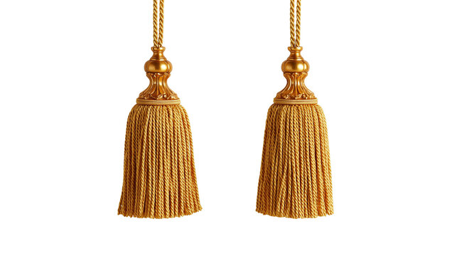Pair of ornate golden decorative tassels with twisted silk cords and carved finials