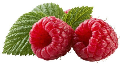 Two fresh ripe red raspberries with vibrant green leaves © Ari