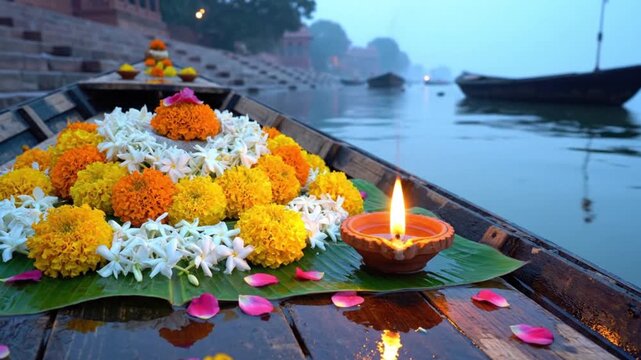 Marigold flower offering with glowing diya on sacred river boat during pitru paksha for durga puja navratri hindu ritual worship celebration festival