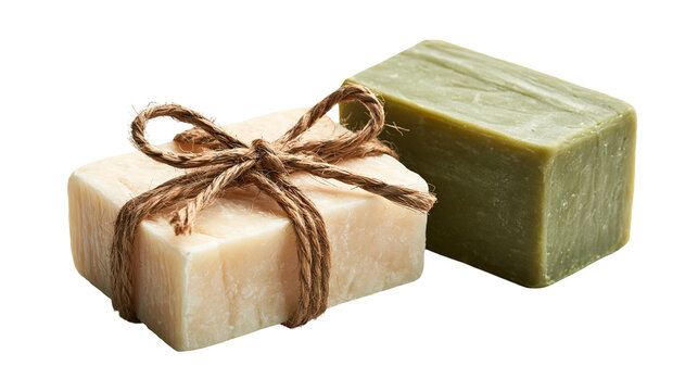 Beige and green natural handmade soap bars tied with rustic jute twine string