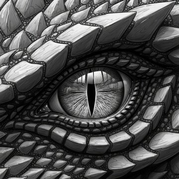 Grayscale realistic dragon eye heavy textured scales.
