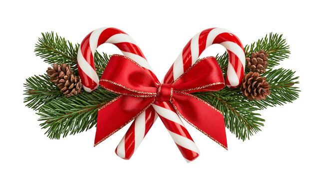 Red and white striped candy canes with pine branches and a red satin ribbon bow