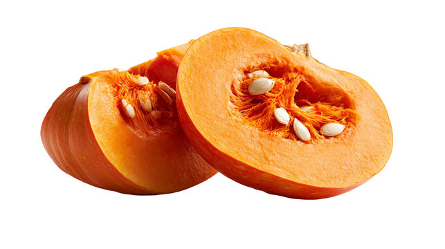 Fresh orange pumpkin slices with seeds and fibrous pulp