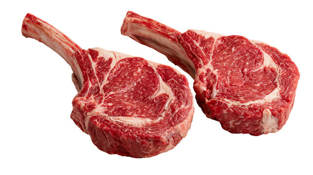 Two raw marbled tomahawk ribeye steaks with long bones