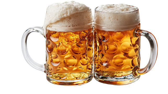 Two dimpled glass beer mugs filled with golden lager and thick white foam head