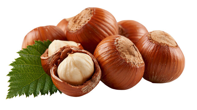 Whole ripe hazelnuts with brown shells and one cracked nut with green leaf