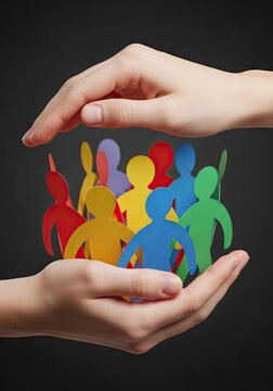 Hands cupped protectively over colorful paper people group.
