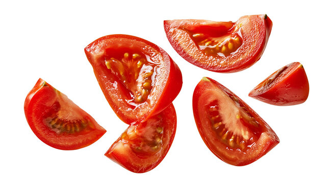Fresh red tomato wedges and slices with visible seeds and juicy pulp