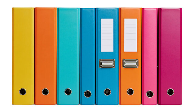 Colorful row of upright office ring binders with metal clips and label holders