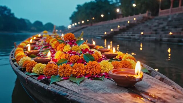 Marigold boat offering with glowing diyas on sacred river during pitru paksha for durga puja navratri hindu ritual worship festival celebration background