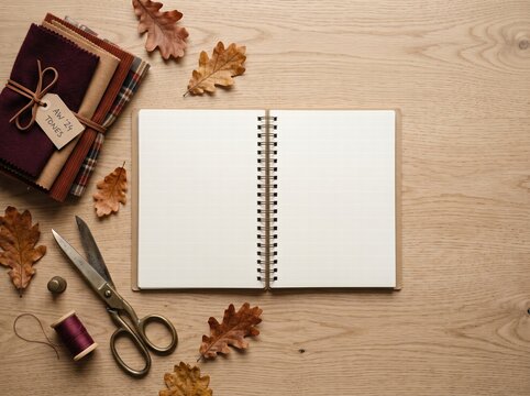 Blank Notebook On Desk With Autumn Leaves And Sewing Items