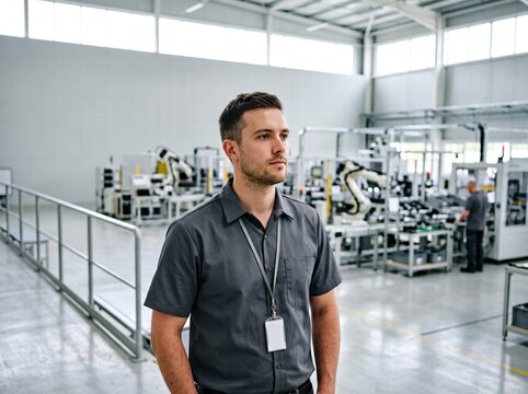 Male Factory Worker Standing In Modern Automated Manufacturing Plant