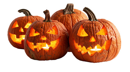 Three carved Halloween jack-o -lantern pumpkins with glowing candle lights © Ari