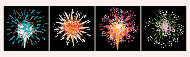 Naklejka na ściany i meble Beautiful Fireworks set. Sparkling effects, glittering firework bursts, bright explosions. Hand drawn Vector illustration. Isolated design elements. Pyrotechnic celebration, holiday, new year concept