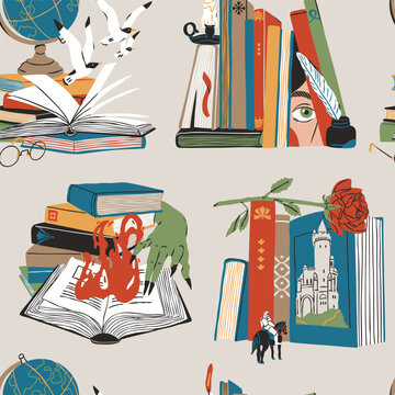 Stack of books. Bookstore, library, cozy, leisure reading concept. Detective, adventure, horror, fantasy, mystery, thriller, romance literature. Hand drawn Vector illustration. Square seamless Pattern