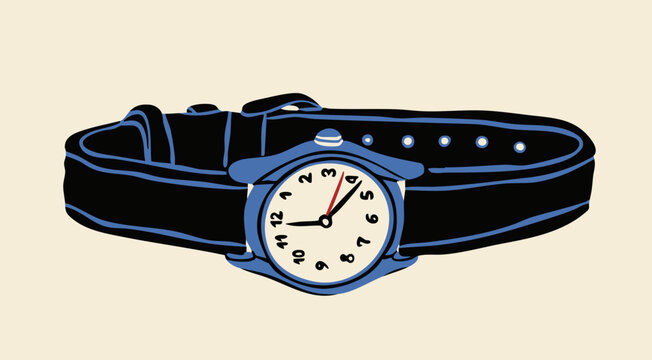 Blue mechanical wrist Watch. Fashion, expensive, luxury, classic, casual watch. Hand drawn trendy Vector illustration. Isolated design element. Logo, sticker, print template