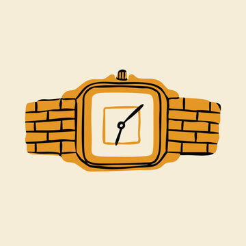 Golden mechanical wrist Watch. Fashion, expensive, luxury, classic, casual watch. Hand drawn trendy Vector illustration. Isolated design element. Logo, sticker, print template
