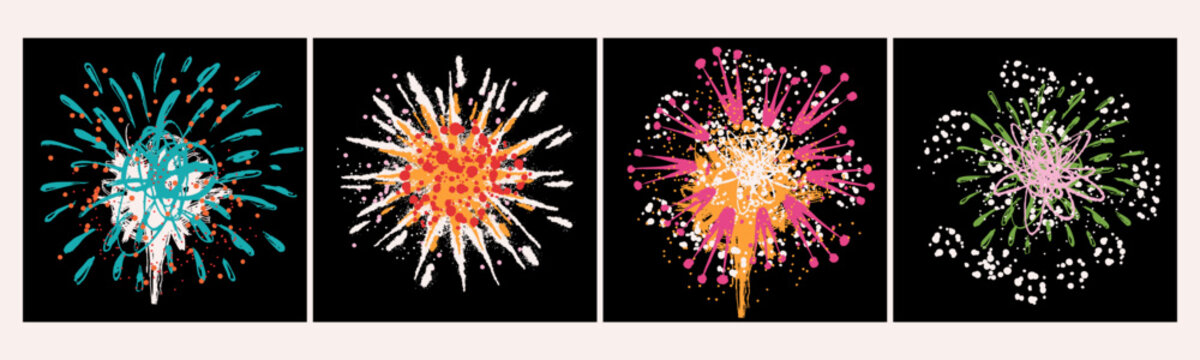 Beautiful Fireworks set. Sparkling effects, glittering firework bursts, bright explosions. Hand drawn Vector illustration. Isolated design elements. Pyrotechnic celebration, holiday, new year concept