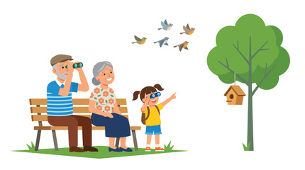 Fototapeta premium Happy Grandparents and Granddaughter Birdwatching in the Park