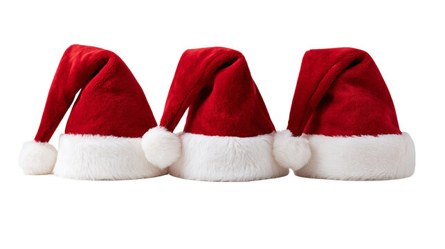 Three red velvet Santa Claus hats with white faux fur trim and pom-poms