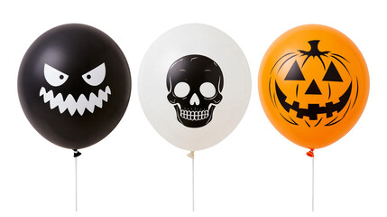 Three Halloween balloons with black monster face skull, and jack-o-lantern print © Ari