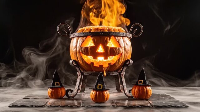 Menacing carved pumpkin cauldron on an iron stand bursting with intense roaring flames, flanked by three mini witch-hat pumpkins over dense creeping white smoke.