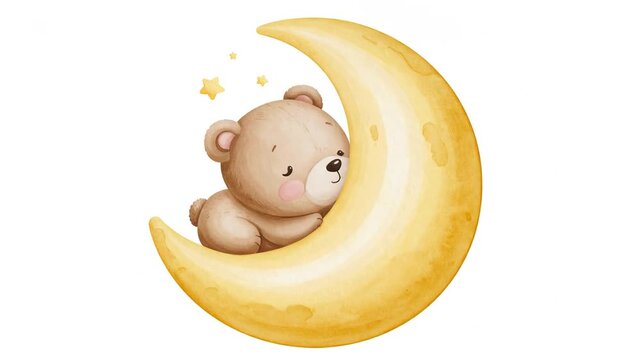 A cute little bear sleeping on a yellow crescent moon shape