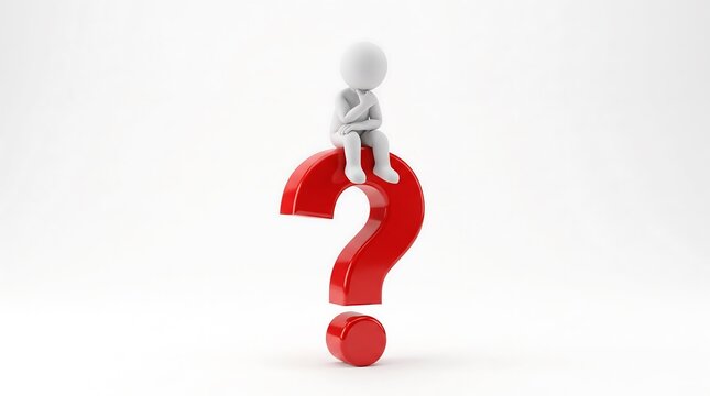 Small white 3d humanoid character sitting on a large red question mark symbol