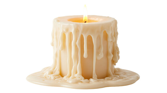 Cream colored pillar candle with melting wax drips and glowing flame