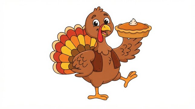 Cartoon Thanksgiving turkey holding a pumpkin pie
