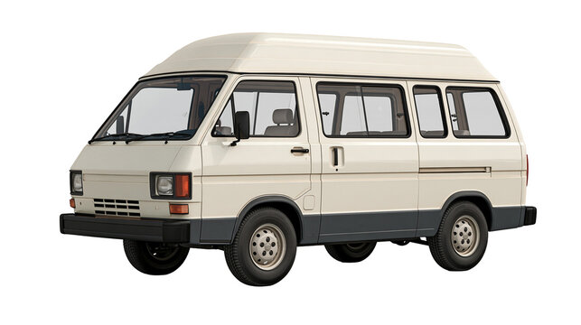 Off-white vintage passenger van with high roof and sliding side door
