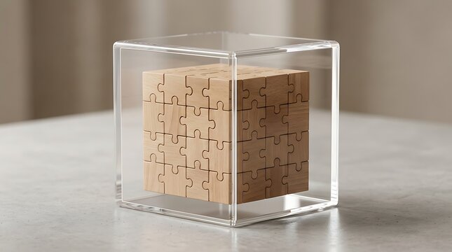 A 16 piece puzzle shaped as a wooden cube inside a transparent acrylic case on a table to represent complex problem solving and business logic challenges.