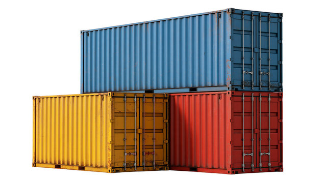 Stacked blue yellow and red metal shipping containers for global freight transport