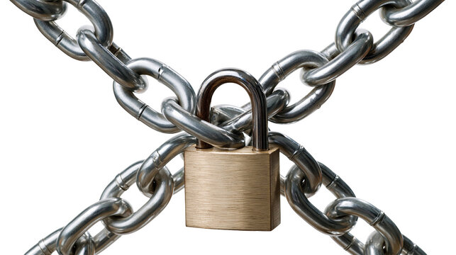 Brushed brass padlock locked onto heavy interconnected steel metal chains