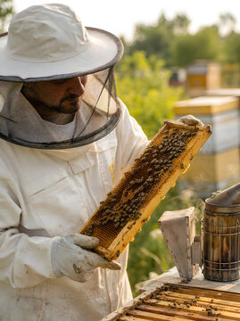 Beekeeper inspecting honeycomb frame in apiary with protective suit and hive tool in warm sunlight