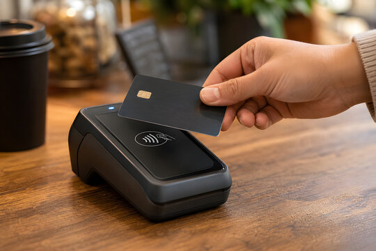 Card reader terminal hand payment contactless card cafe counter wooden