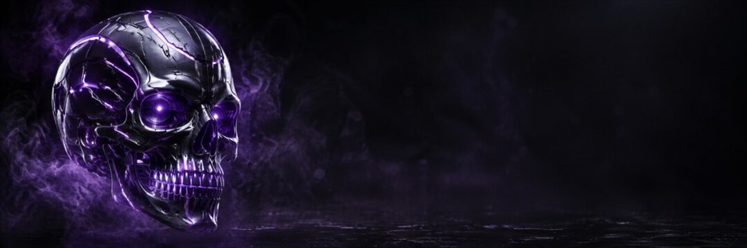 Futuristic robotic skull hovers above a dark surface. Cracked metal, violet eyes, drifting smoke shape the cyber gothic scene. Halloween horror concept for game. Banner with copy space