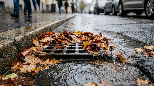 A clogged storm drain blocked by wet fallen leaves gutter system on a rainy urban street, causing puddles and flowing water past parked cars and walking pedestrians in autumn