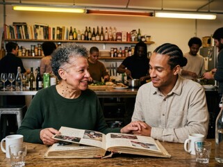 Fototapeta premium Photo Album Conversation at a Cozy Community Cafe