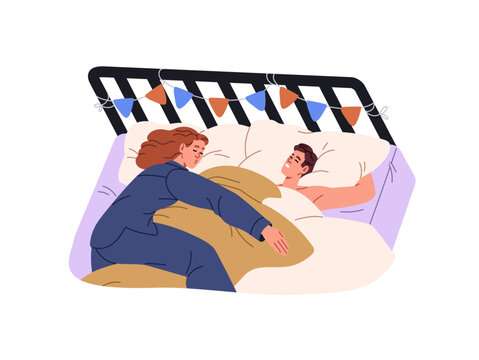 Asleep girl in pajamas hugs her sleepy boyfriend at night. Couple sleeps together top view. People are lying in bed, having a rest and embracing. Flat isolated vector illustration on white background