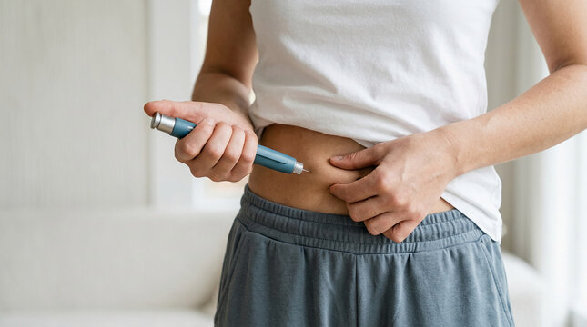 Close-up of person injecting medication with an auto-injector, symbolizing health, treatment, and self-care.