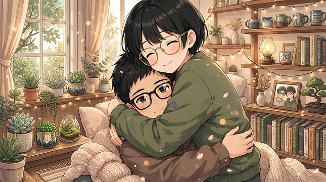 Cozy anime illustration of two young men with glasses hugging in warm plant filled room with bookshelves, soft sunlight and fairy lights, LGBTQ love and comfort