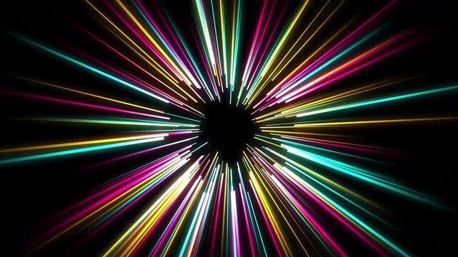 Futuristic hyper speed light rays, colorful neon motion blur lines, abstract cosmic warp tunnel background for sci-fi and gaming visuals