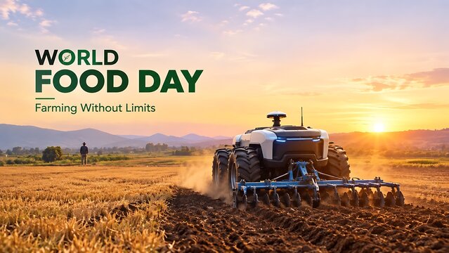 Autonomous tractor plowing farmland at sunset for world food day with smart farming precision agriculture plowing field modern agriculture agricultural technology crop cultivation automated farm
