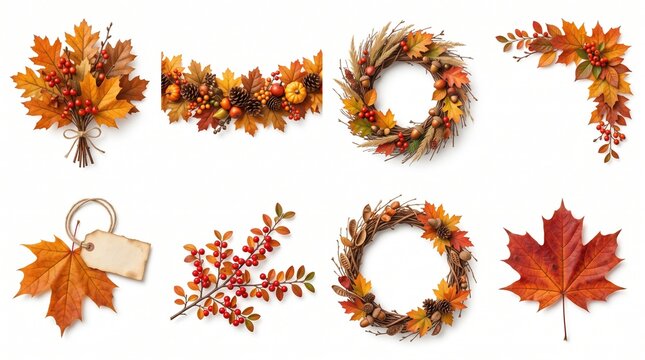 Autumn decorative elements set with maple leaves wreaths berries and gift tag.