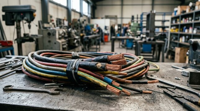 A close up shot of sorted copper wire scrap bound tightly with plastic ties on a workshop workbench, with industrial machinery and tools visible in the blurred background