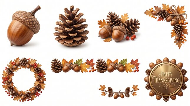 Autumn holiday elements with pinecones acorns and happy thanksgiving metallic badge.