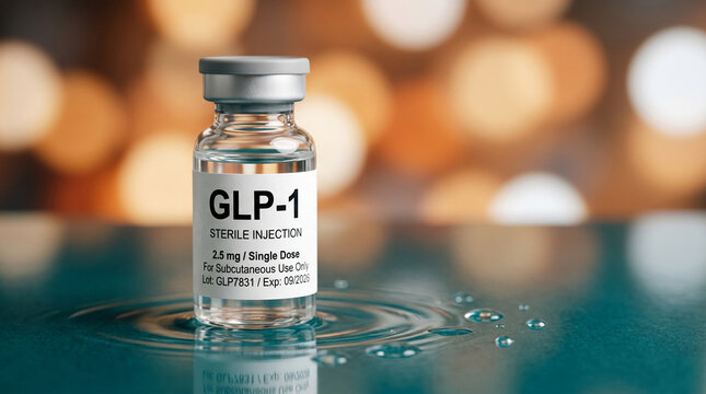 Medical vial with GLP-1 label on a reflective surface with water ripples, representing pharmaceutical treatment and scientific advancement, ideal for healthcare concepts