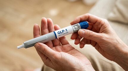 Plakat Elderly hands hold a GLP-1 injection pen, symbolizing diabetes management and healthcare.